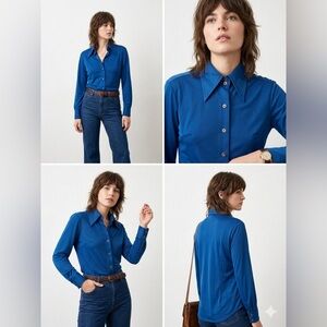Vintage 70s Cobalt Blue Dagger Collar Blouse // Boe Jests Retro Disco Top